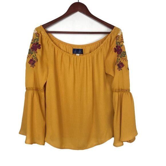 Tops - Blue Rain Yellow Embroidered Off The Shoulder Top